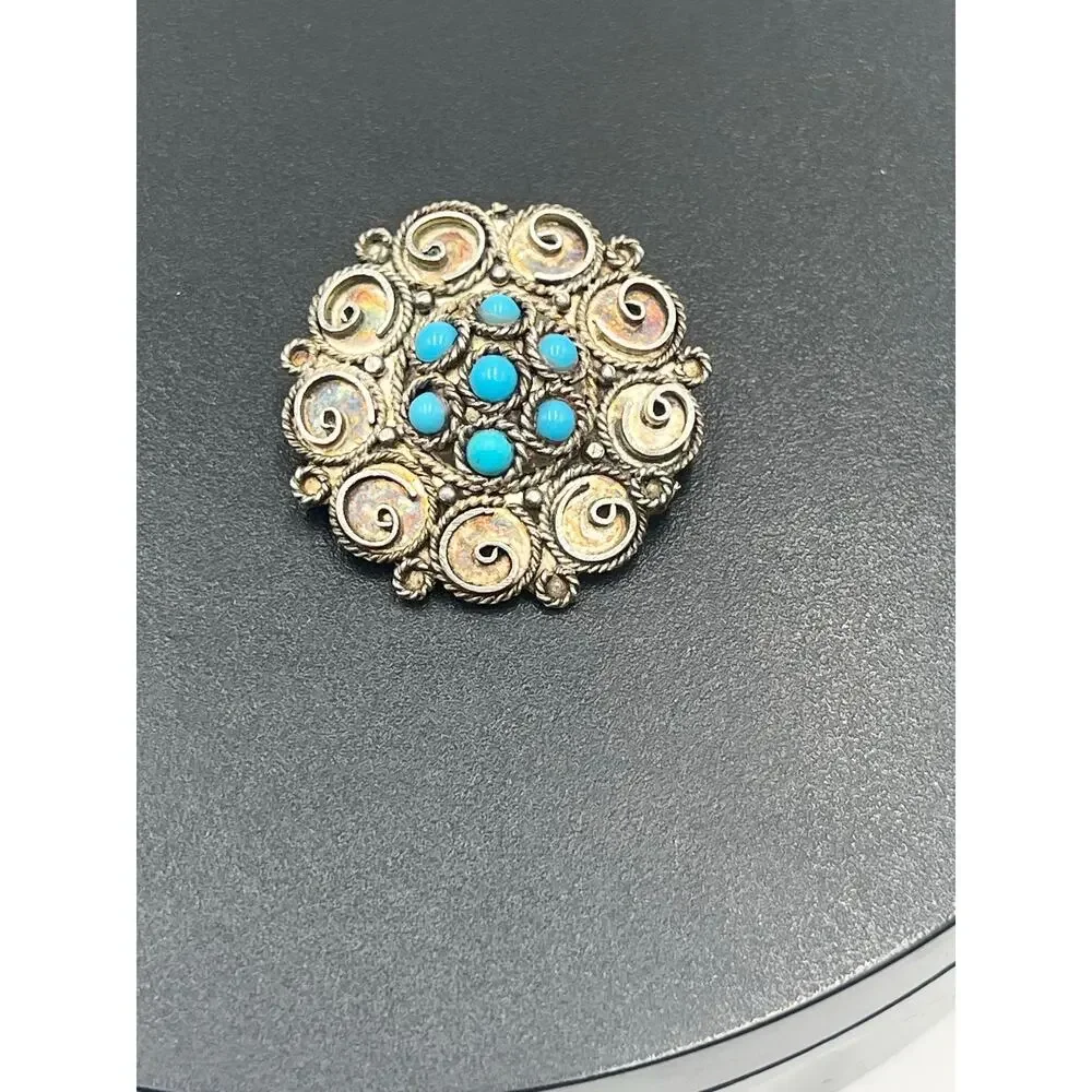 Israel Vintage 935 Argentium Sterling Filigree Turquoise Gemstone Brooch Pendant